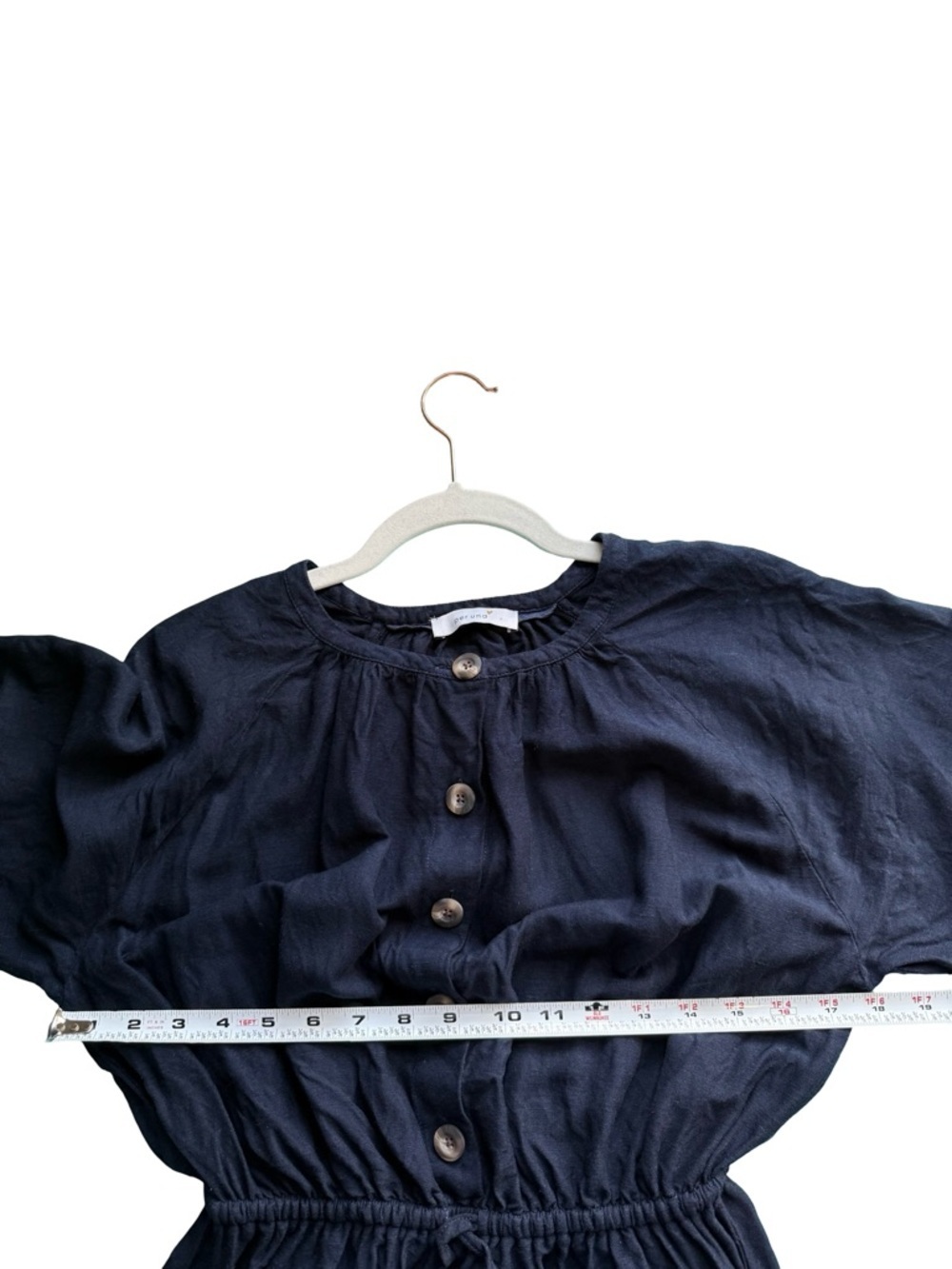 per una Navy Button-Front Midi Linen Dress with Drawstring Waist Size S or M - Picture 5 of 11
